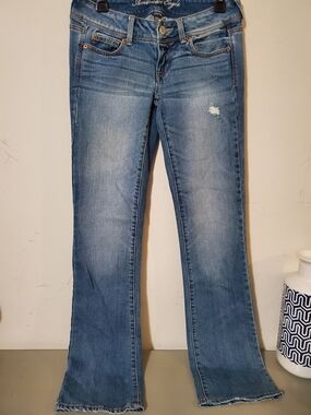 Y2k Slim Boot Flare Jeans Light Fading Distressed Sz 4 Long AE